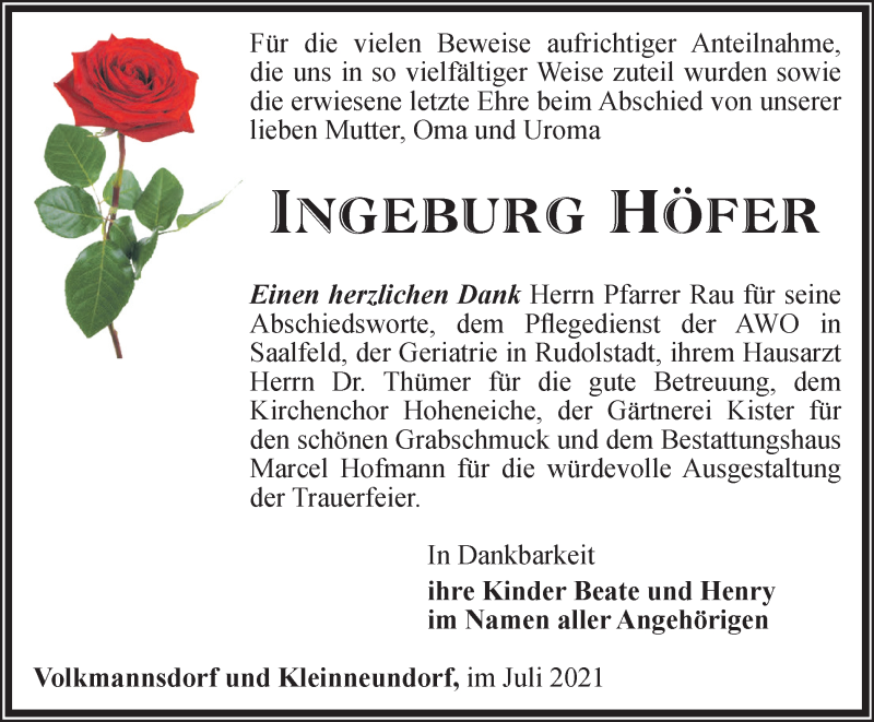  Traueranzeige für Ingeburg Höfer vom 24.07.2021 aus Ostthüringer Zeitung