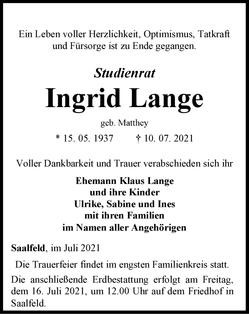  Traueranzeige für Ingrid Lange vom 14.07.2021 aus Ostthüringer Zeitung