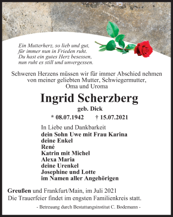 Traueranzeige von Ingrid Scherzberg