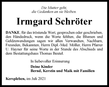 Traueranzeige von Irmgard Schröter von Thüringer Allgemeine, Thüringische Landeszeitung