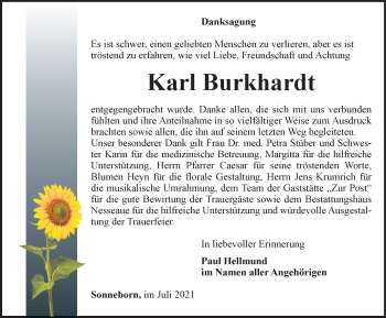 Traueranzeige von Karl Burkhardt von Thüringer Allgemeine, Thüringische Landeszeitung