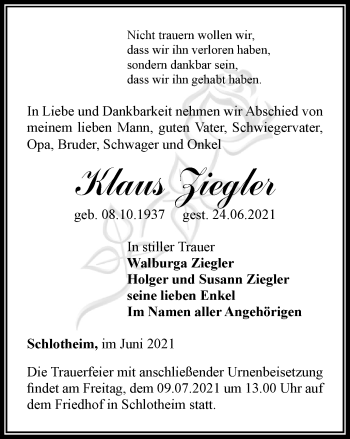 Traueranzeige von Klaus Ziegler von Thüringer Allgemeine, Thüringische Landeszeitung