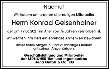 Traueranzeige von Konrad Geisenhainer von Ostthüringer Zeitung, Thüringische Landeszeitung