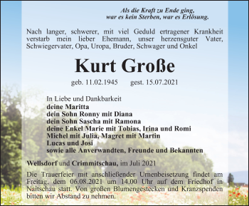 Traueranzeige von Kurt Große von Ostthüringer Zeitung