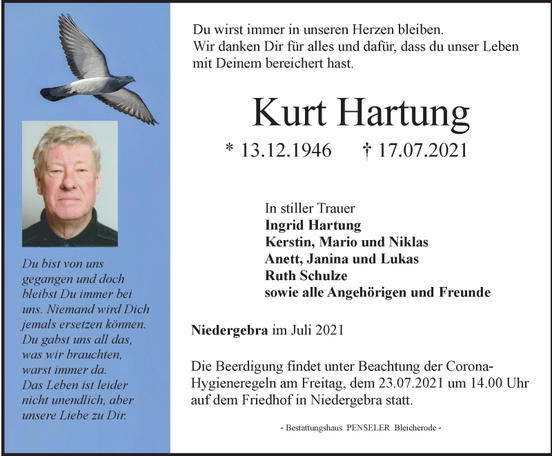  Traueranzeige für Kurt Hartung vom 21.07.2021 aus Thüringer Allgemeine