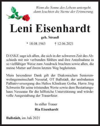 Traueranzeige von Leni Eisenhardt von Thüringer Allgemeine, Thüringische Landeszeitung