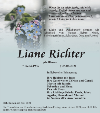 Traueranzeige von Liane Richter von Ostthüringer Zeitung