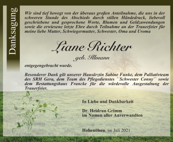 Traueranzeige von Liane Richter von Ostthüringer Zeitung