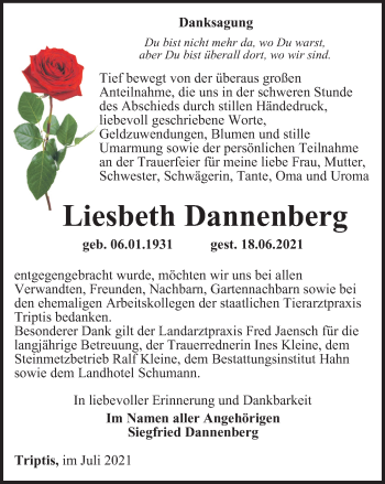 Traueranzeige von Liesbeth Dannenberg