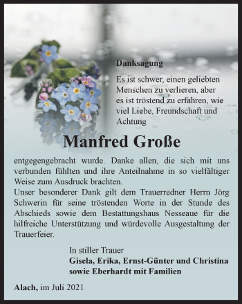 Traueranzeige von Manfred Große von Thüringer Allgemeine, Thüringische Landeszeitung