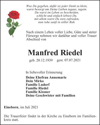 Traueranzeige von Manfred Riedel von Ostthüringer Zeitung