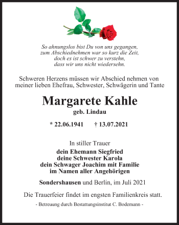 Traueranzeige von Margarete Kahle