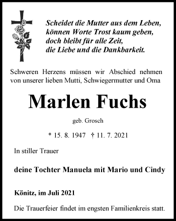 Traueranzeige von Marlen Fuchs von Ostthüringer Zeitung