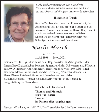 Traueranzeige von Marlies Hirsch von Thüringer Allgemeine, Thüringische Landeszeitung