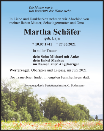 Traueranzeige von Martha Schäfer