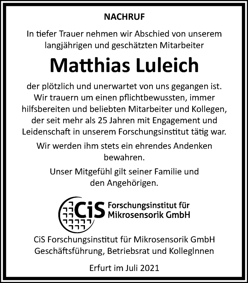  Traueranzeige für Matthias Luleich vom 24.07.2021 aus Thüringer Allgemeine, Thüringische Landeszeitung