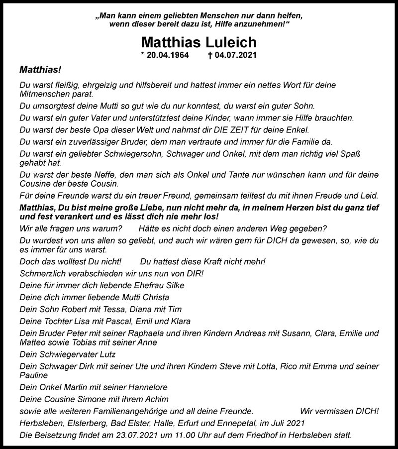  Traueranzeige für Matthias Luleich vom 17.07.2021 aus Thüringer Allgemeine, Thüringische Landeszeitung