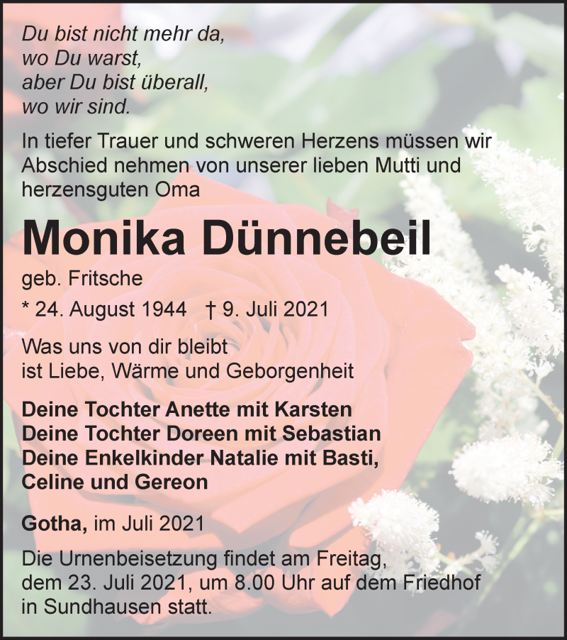  Traueranzeige für Monika Dünnebeil vom 17.07.2021 aus Thüringer Allgemeine, Thüringische Landeszeitung