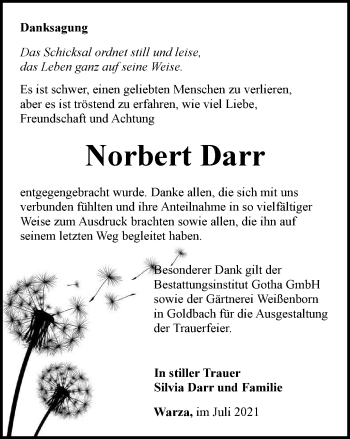 Traueranzeige von Norbert Darr