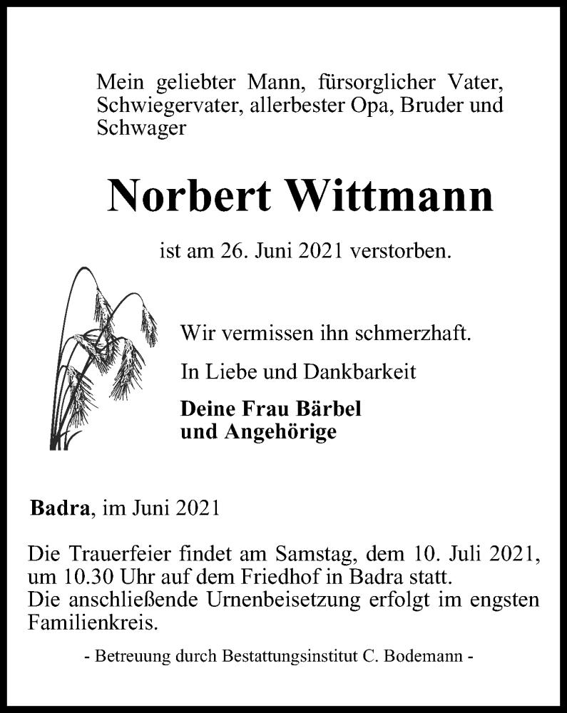  Traueranzeige für Norbert Wittmann vom 03.07.2021 aus Thüringer Allgemeine