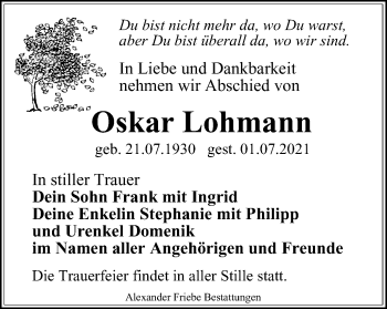 Traueranzeige von Oskar Lohmann von Thüringer Allgemeine, Thüringische Landeszeitung