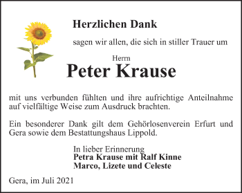 Traueranzeige von Peter Krause von Ostthüringer Zeitung