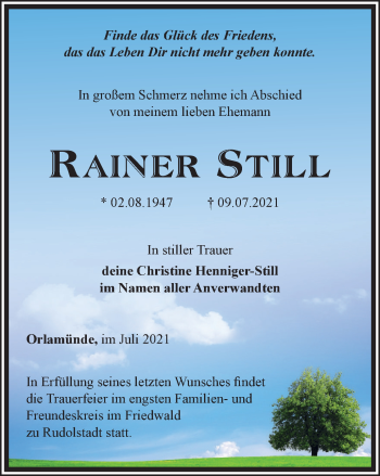 Traueranzeige von Rainer Still von Ostthüringer Zeitung