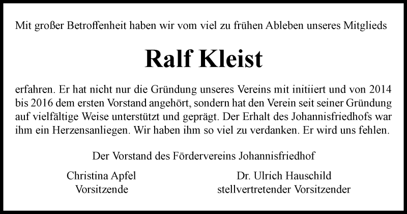  Traueranzeige für Ralf Kleist vom 10.07.2021 aus Ostthüringer Zeitung, Thüringische Landeszeitung