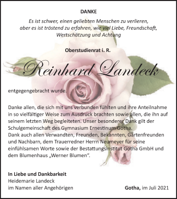 Traueranzeige von Reinhard Landeck von Thüringer Allgemeine, Thüringische Landeszeitung