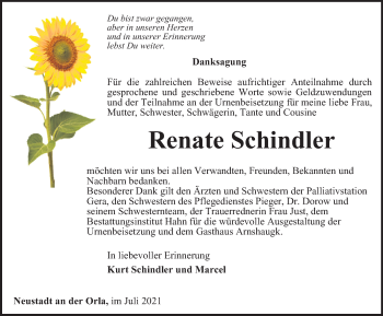 Traueranzeige von Renate Schindler