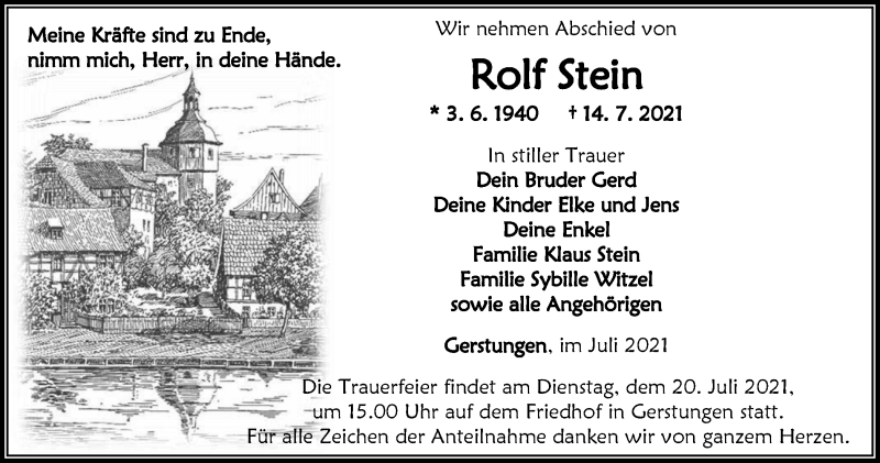  Traueranzeige für Rolf Stein vom 17.07.2021 aus Thüringer Allgemeine, Thüringische Landeszeitung