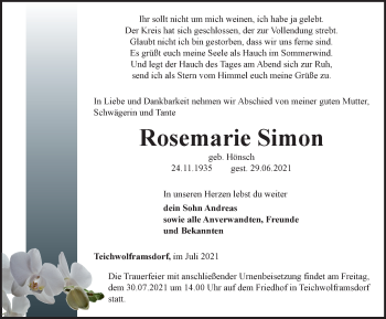 Traueranzeige von Rosemarie Simon von Ostthüringer Zeitung