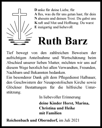 Traueranzeige von Ruth Barz von Ostthüringer Zeitung