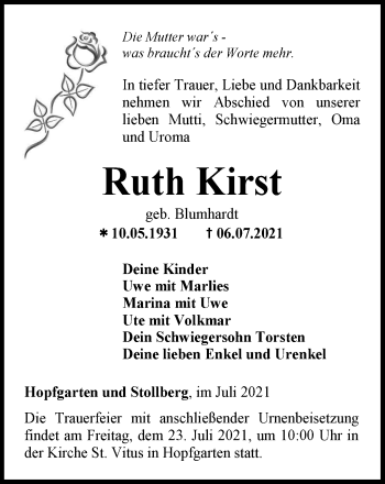 Traueranzeige von Ruth Kirst von Thüringer Allgemeine, Thüringische Landeszeitung