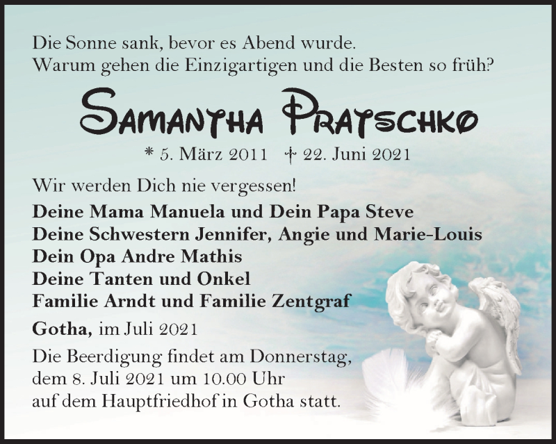  Traueranzeige für Samantha Pratschko vom 03.07.2021 aus Thüringer Allgemeine, Thüringische Landeszeitung