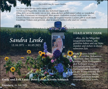 Traueranzeige von Sandra Lenke von Ostthüringer Zeitung