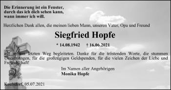 Traueranzeige von Siegfried Hopfe von Ostthüringer Zeitung