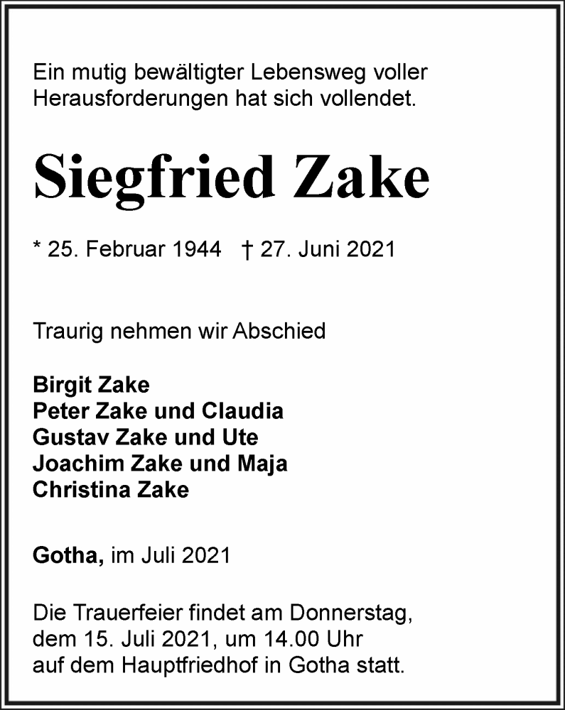  Traueranzeige für Siegfried Zake vom 03.07.2021 aus Thüringer Allgemeine, Thüringische Landeszeitung
