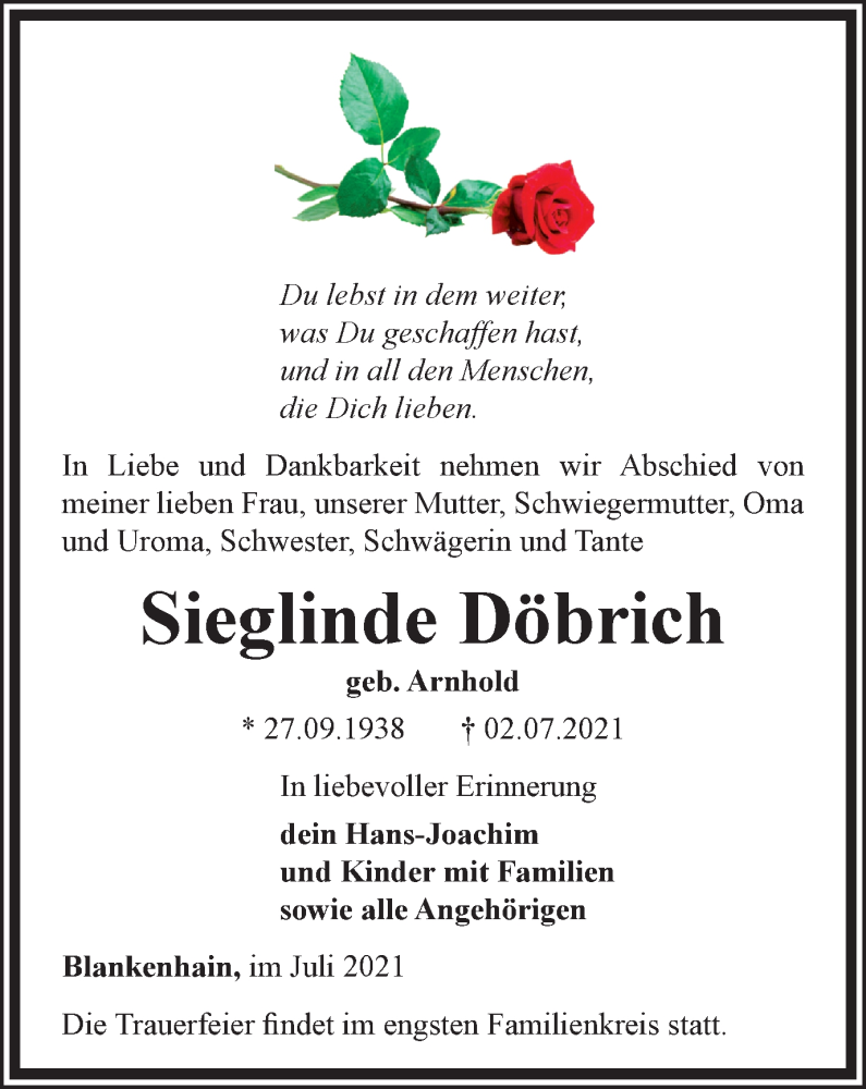  Traueranzeige für Sieglinde Döbrich vom 10.07.2021 aus Thüringer Allgemeine, Thüringische Landeszeitung