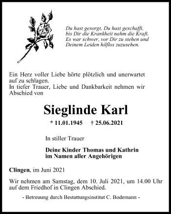 Traueranzeige von Sieglinde Karl