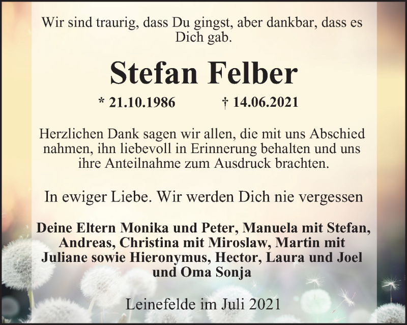  Traueranzeige für Stefan Felber vom 14.07.2021 aus Thüringer Allgemeine