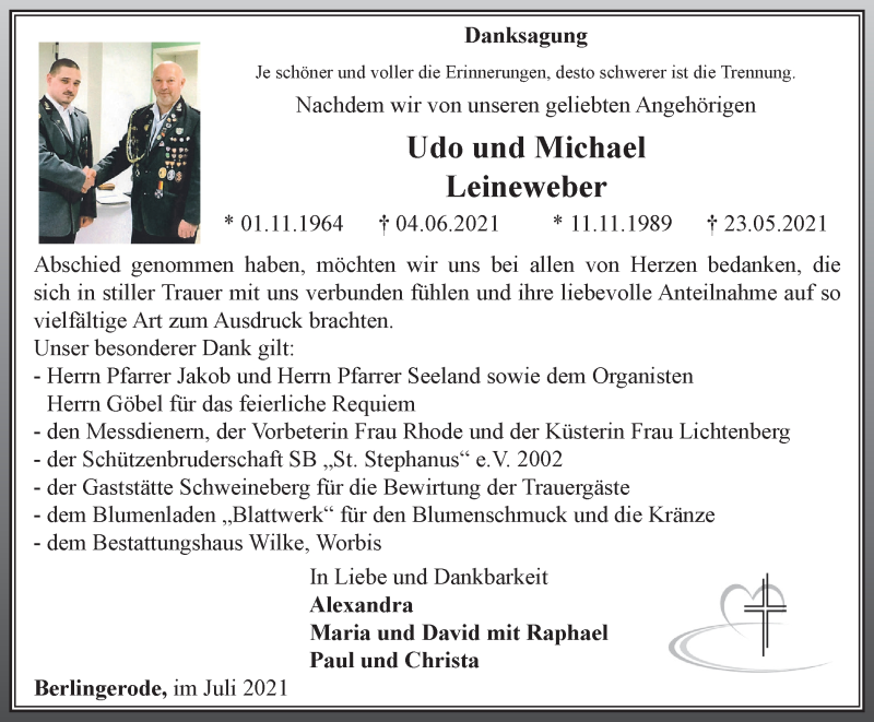  Traueranzeige für Udo und Michael Leineweber vom 17.07.2021 aus Thüringer Allgemeine