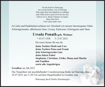 Traueranzeige von Ursula Ponath von Thüringer Allgemeine