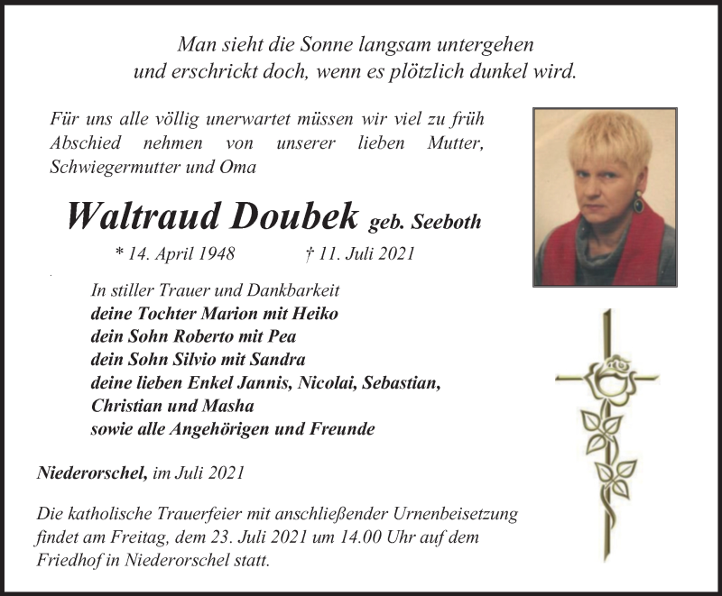  Traueranzeige für Waltraud Doubek vom 20.07.2021 aus Thüringer Allgemeine