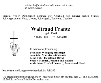 Traueranzeige von Waltraud Frantz von Ostthüringer Zeitung