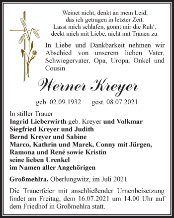 Traueranzeige von Werner Kreyer von Thüringer Allgemeine, Thüringische Landeszeitung