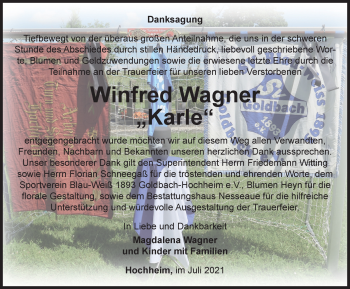 Traueranzeige von Winfred Wagner von Thüringer Allgemeine, Thüringische Landeszeitung
