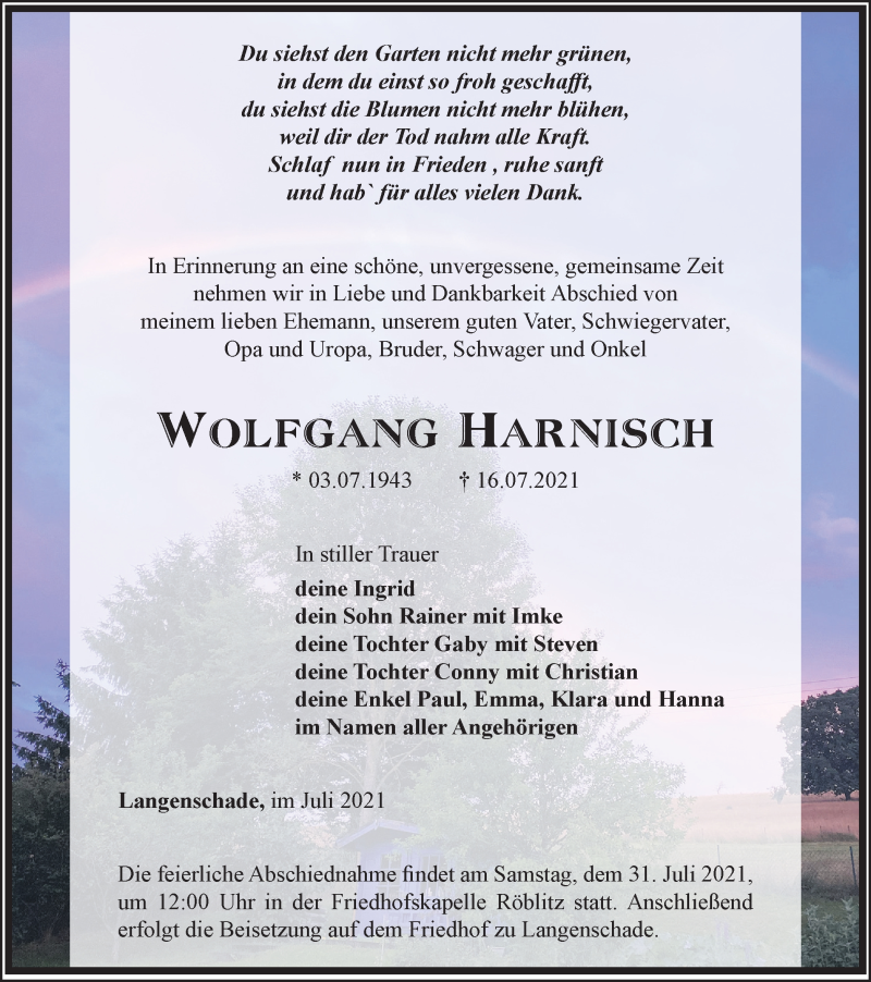  Traueranzeige für Wolfgang Harnisch vom 24.07.2021 aus Ostthüringer Zeitung