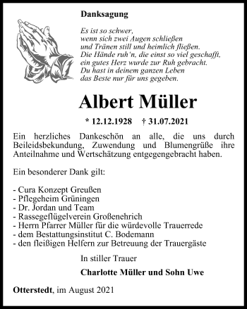 Traueranzeige von Albert Müller