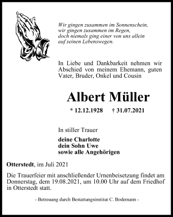 Traueranzeige von Albert Müller